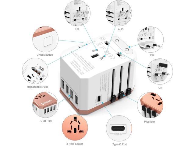 International Plug Adapter, Unidapt Travel Adapter Worldwide - All in one Universal Charger USB Travel Power Adaptor with 5 USB for EU AU UK USA -...