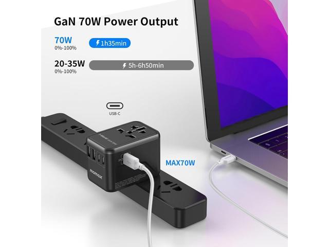 MOMAX Universal Travel Adapter, GaN 70W International Power Adapter, 3 USB-C PD Fast Charging & 2 USB-A QC, 1 AC, All-in-one International Plug...