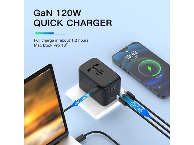120W International Travel Adapter, 4USB-C & 1USB-A Worldwide Power Adapter, GaN Fast Charger with UK EU AU US Plugs, All-in-One International...