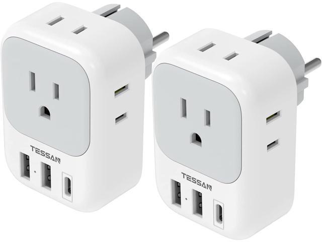 TESSAN 2 Pack Type E F Plug Adapter USB C, Germany France Power Adaptor with 3 USB Charger Ports, 4 AC Outlets Travel Plug for US to Europe EU...