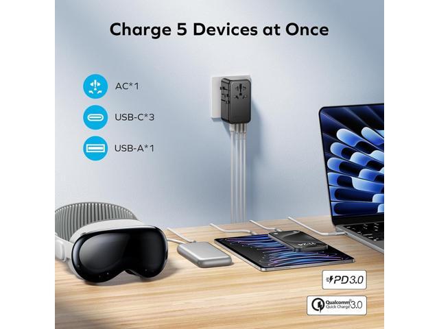 MOMAX 140W Universal Travel Adapter, GaN Technology, EU/UK/AUS/US/JP Worldwide, Fast Charging for iPhone, MacBook pro, Vision Pro, Charging Cable...