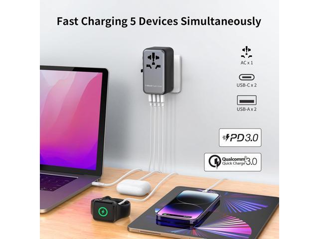 MOMAX Universal Travel Adapter, 100W Fast GaN International Power Adapter, 2PD USB-C+2QC USB-A Travel Adapter, US, UK, EU, AU Travel Adapter...