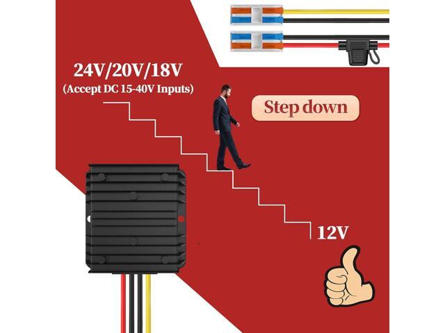 24VDC to 12VDC Converter 15A 180W, 18V to 12V with Fuse, Waterproof and Wire Terminal Block, for Cart LED Light Truck Vehicle Boat Solar System...