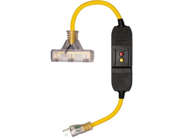 Portable GFCI Extension Cord 2-Foot 12/3 Gauge SJTW Lighted Inline GFCI Extension Cord 3-outlets