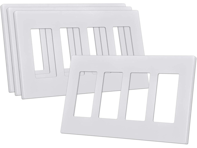 CML 4-Gang Screwless Decorator Wall Plate, White Outlet Covers, 4 Pack Hidden Wall Safe Switch Plate, Standard Size 4.68X 8.34, Impact Resistant