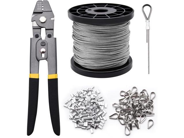 328ft Wire Rope Crimping Tool Kit, Stainless Steel Wire Rope Cable with Aluminum Crimping Sleeves and Stainless Steel Thimbles for Railing,...