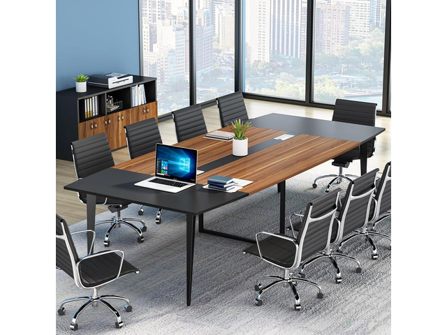 Tribesigns 8FT Conference Table, 94.48L x 47.24W x 29.52H Inches Boat Shaped Meeting Table with Rectangle Grommet, Modern Seminar Boardroom Table...