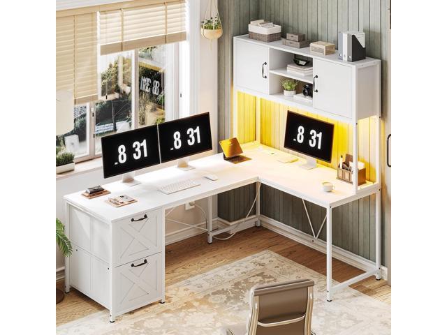 SEDETA White L Shaped Office Desk, Farmhouse Home Office Desk with Fabric File Drawers and Power Outlet, Corner Gaming Desk with LED Lights, Hutch.