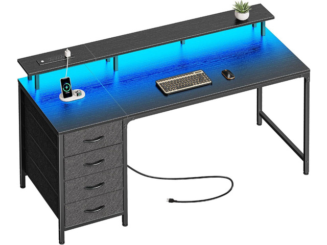 Huuger 55 Inch Computer Desk with Power Outlets and LED Lights, Gaming Desk with 4 Drawers, Office Desk with Monitor Stand, Study Work Home Office,...