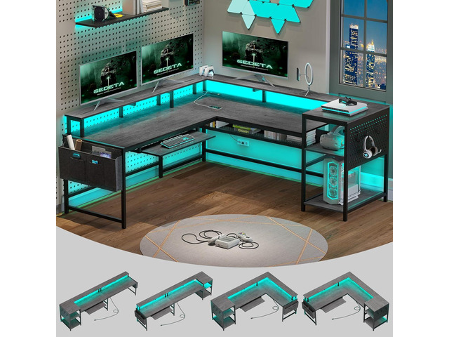 SEDETA L Shaped Gaming Desk, Convertible 96' Home Office Desk or Corner Desk, L Shaped Table with Power Outlets & LED Strip, Monitor Stand,...