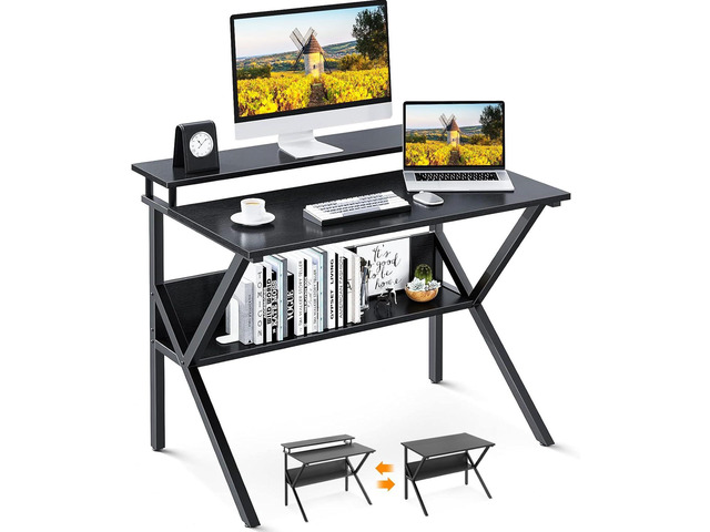 ODK 27.5 Inch Small Desk with Storage & Monitor Stand, Black Small Computer Desk for Small Spaces, Study Desk for Bedroom