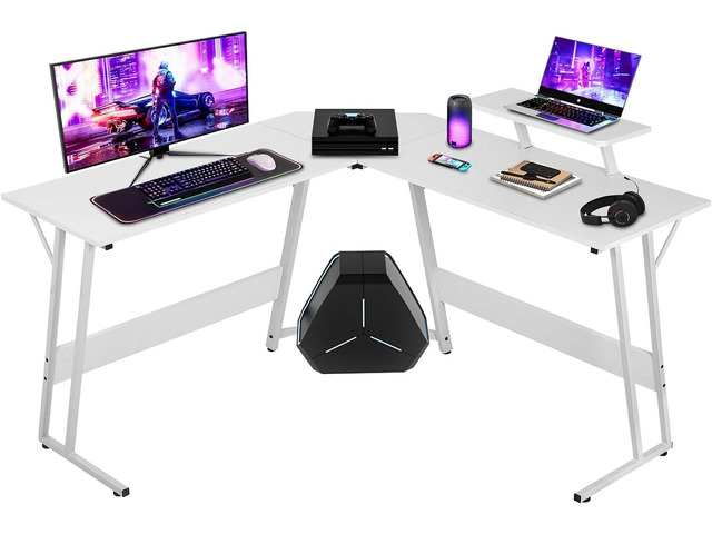 NChanmar L Shaped Gaming Desk with Monitor Riser Stand, Home Office Corner Desk for Studying, Working and Gaming, Large Desktop, White