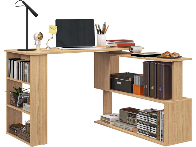 HOMCOM 47 Inch L Shaped Desk, Home Office Table, 360 Degree Rotating Maple