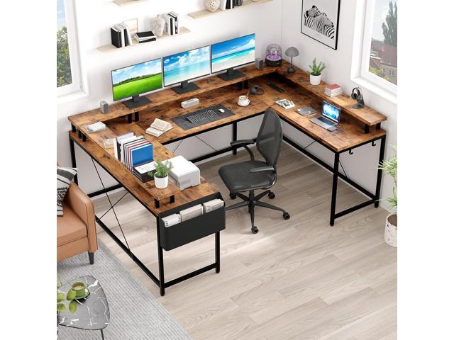 Jojoka U Shaped Computer Gaming Desk, Reversible L Shaped Desk with Power Outlets, LED Strip & Monitor Stand, Large Corner Desk with Storage...