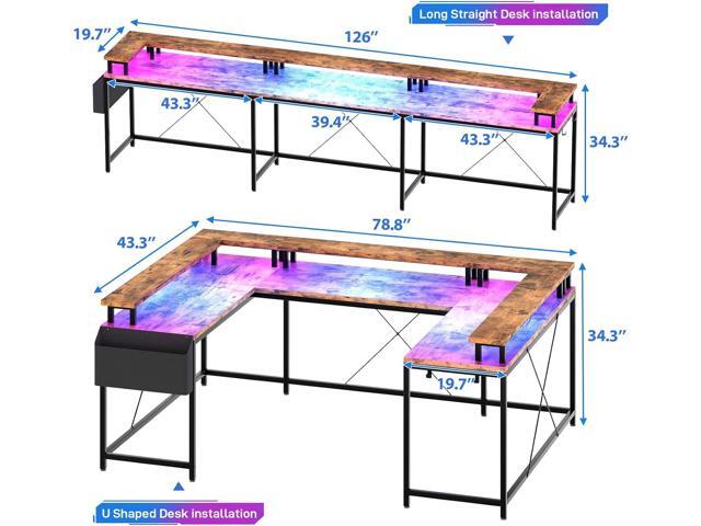 Jojoka U Shaped Computer Gaming Desk, Reversible L Shaped Desk with Power Outlets, LED Strip & Monitor Stand, Large Corner Desk with Storage...