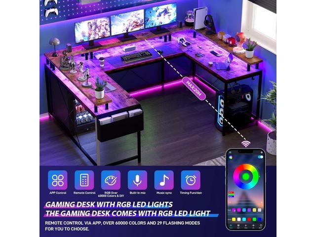 Jojoka U Shaped Computer Gaming Desk, Reversible L Shaped Desk with Power Outlets, LED Strip & Monitor Stand, Large Corner Desk with Storage...