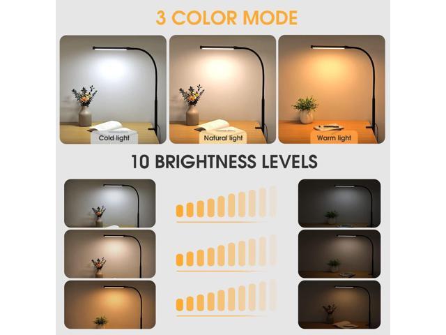 LED Desk Lamp with Clamp, Eye-Caring Clip on Lights for Home Office, 3 Modes 10 Brightness, Long Flexible Gooseneck, Metal, Swing Arm Architect...
