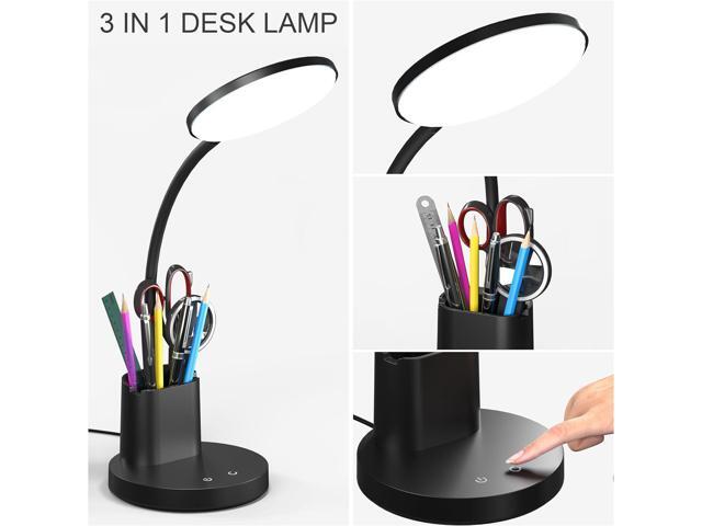 Desk Lamp, LED Desk Lamp for Home Office, Touch Table Lamp with 3 Color Modes 360° Adjustable Arm, Dimmable Desk Light with Pen Phone Holder, Black