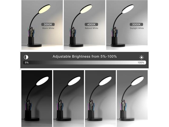 Desk Lamp, LED Desk Lamp for Home Office, Touch Table Lamp with 3 Color Modes 360° Adjustable Arm, Dimmable Desk Light with Pen Phone Holder, Black