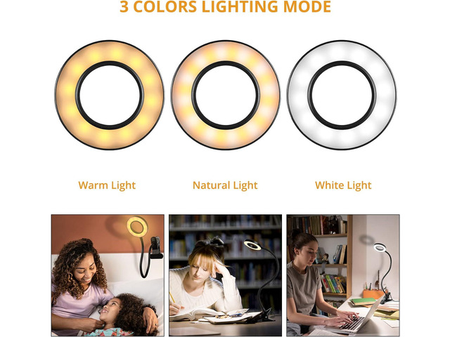 Desk Clip on Lamp for Reading Home Office, 10 Dimmable Brightness 3 Modes, Ring/ Clamp Light for Bed Headboard, Craft, Computer, Video Call