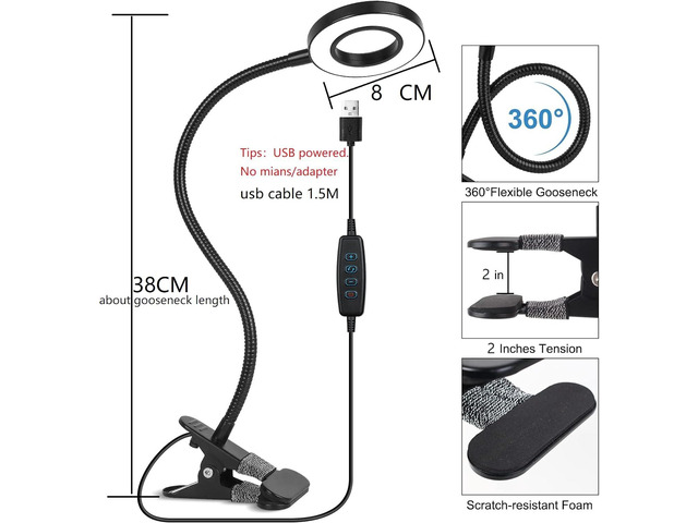 Desk Clip on Lamp for Reading Home Office, 10 Dimmable Brightness 3 Modes, Ring/ Clamp Light for Bed Headboard, Craft, Computer, Video Call