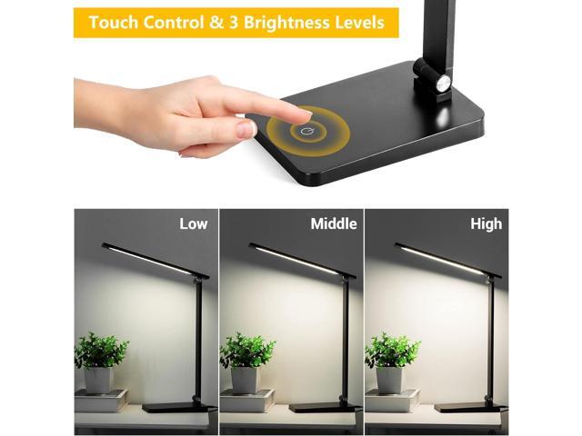 LED Desk Lamp for Home Office, 3 Levels Dimmable Desk Light with USB Charging Port, Small Study Lamp, Reading Light for Table, Black, 5000K