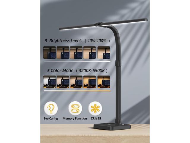 LED Desk Lamp for Home Office, Double Head 24W with Base, Architect Light 5 Lighting Brightness Flexible Gooseneck Table Reading Study, Black
