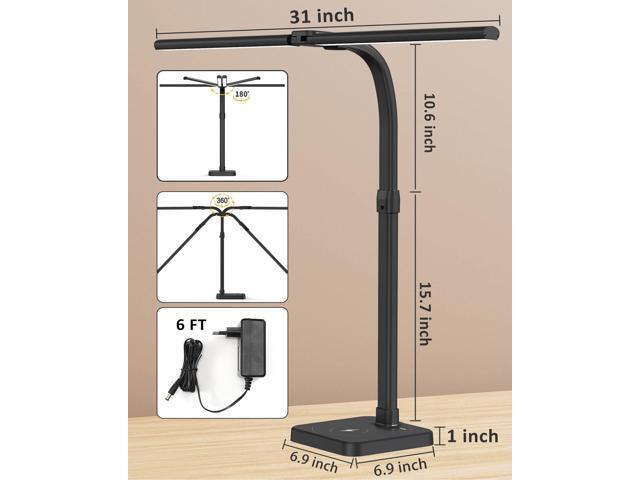 LED Desk Lamp for Home Office, Double Head 24W with Base, Architect Light 5 Lighting Brightness Flexible Gooseneck Table Reading Study, Black