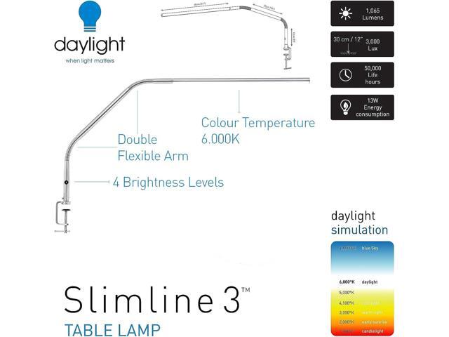 Daylight Company, LLC U35108 Slimline 3 Table Lamp-LED-80 CRI-Eye Care-4 Brightness Levels, 3,000 LUX at 30 cm, 1,065 LUMENS-4 Step DIMMER Mode,...