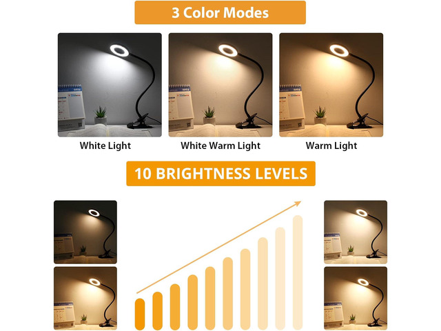 iVict Desk Lamp Clip on Light, 48 LEDs USB Clip Ring Light with 3 Color Modes 10 Dimmable Brightness, Eye Protection Desk Light, 360° Flexible...