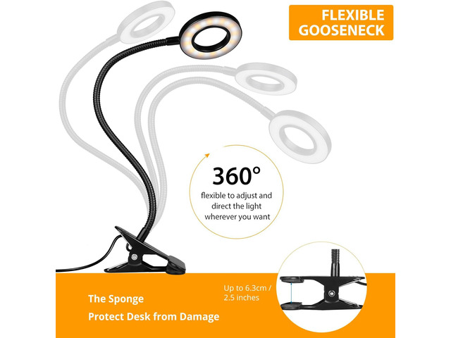 iVict Desk Lamp Clip on Light, 48 LEDs USB Clip Ring Light with 3 Color Modes 10 Dimmable Brightness, Eye Protection Desk Light, 360° Flexible...