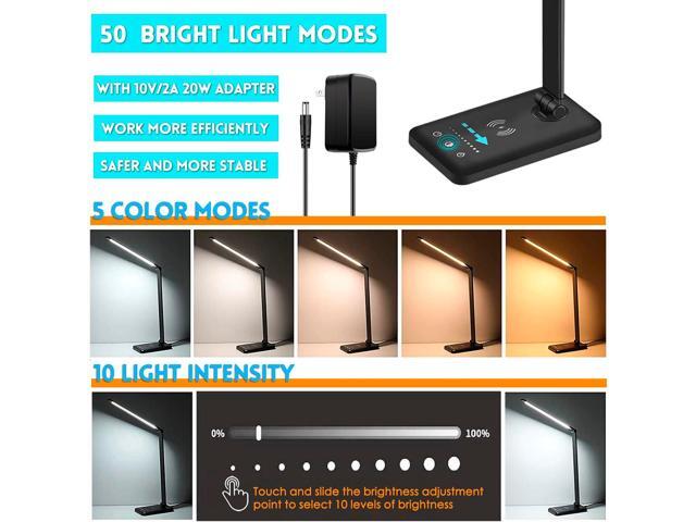 LED Desk Lamp with Wireless Charger, USB Charging Port, 10 Brightness, 5 Color Modes, Desk Lamps for Home Office, Dimmable Table Lamp Eye Caring...