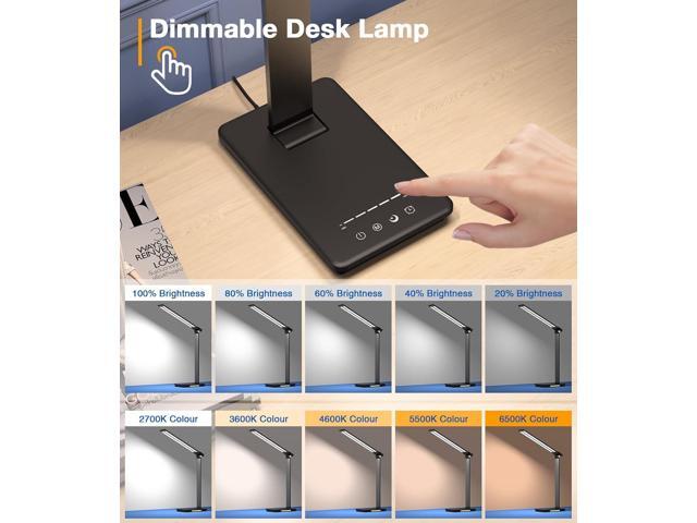 LED Desk Lamp with USB Charging Port, Black Desk Lamps Bright Desk Light with Night Light, Timer and 5 Light Modes for Home Office College Dorm Room