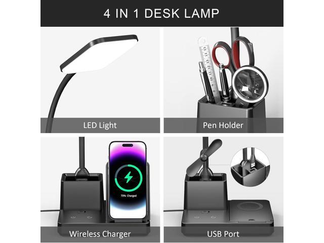 Desk Lamp with Wireless Charger USB Charging Port, Eye-Caring Desk Lamp for Home Office with Pen Holder, Dimmable Table Lamps 3 Color Modes