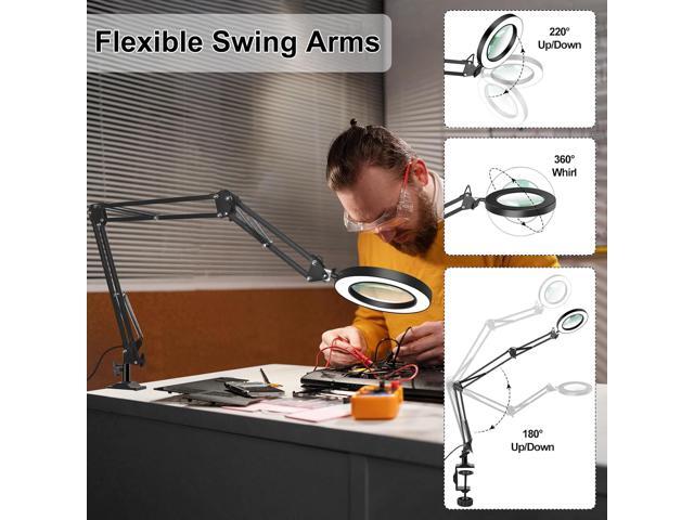 Magnifying Glass Desk Lamp with 3-Section Swing Arm and Big Clamp, Magnifying Glass with Light and Clamp, 8X Wide Desk Magnifier Light for...