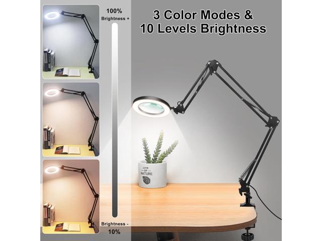 Magnifying Glass Desk Lamp with 3-Section Swing Arm and Big Clamp, Magnifying Glass with Light and Clamp, 8X Wide Desk Magnifier Light for...