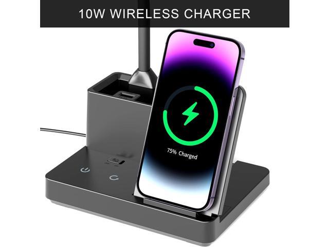 Desk Lamp with Wireless Charger USB Charging Port, Eye-Caring Desk Lamp for Home Office with Pen Holder, Dimmable Table Lamps 3 Color Modes