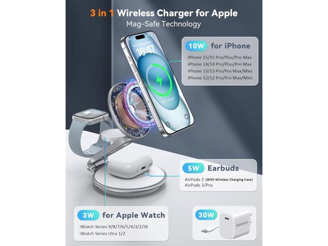 Charging Station for Apple Multiple Devices: 3 in 1 Foldable Magnetic Wireless Charger Stand for Mag-Safe iPhone - Travel Charging Dock for iPhone...