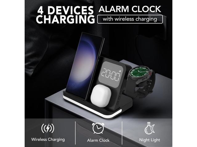 4 in 1 Wireless Charger with Alarm Clock Compatible for Samsung,Charger Stand for Galaxy Watch 6/5/5 Pro/4 Galaxy S24/Ultra/S24+/S23/Note 20/Z Flip...