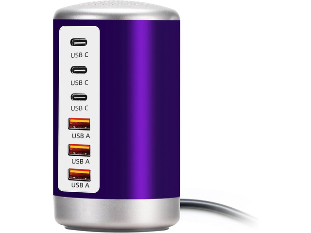 60W USB Charging Station with 6-Port (3 USB-A & 3 USB-C) for iPhone 12/13/14, Tablets & Smartphones - Purple