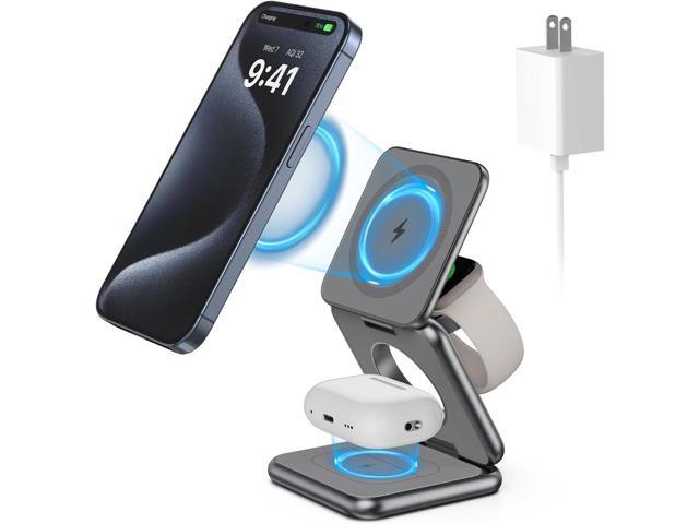 Foldable Magnetic Wireless Charger, Aluminum Alloy 3 in 1 Charging Station for Apple, 15W Fast Mag-Safe Charger Stand for iPhone 15 14 13 12...