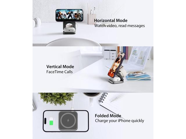 Foldable Magnetic Wireless Charger, Aluminum Alloy 3 in 1 Charging Station for Apple, Fast Mag-Safe Charger Stand for iPhone 15 14 13 12...
