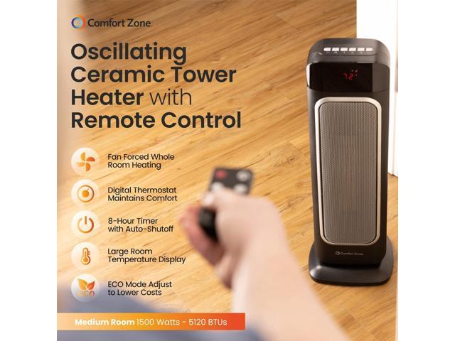 Comfort Zone Electric 24' Oscillating Digital Tower Space Heater with Full Function Remote, Adjustable Thermostat, and Overheat Protection, Ideal...