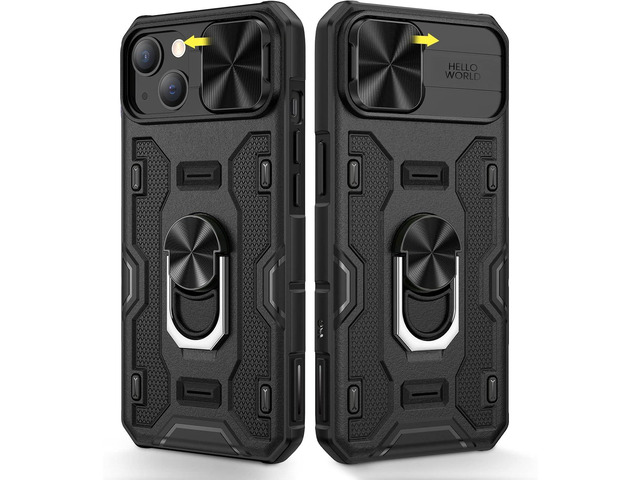 Caka for iPhone 14 Plus Case with Stand & Camera Cover Black 360° Rotated Kickstand, Sliding Camera Lens Cover, Heavy Duty Hard Shockproof...