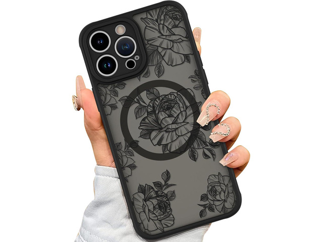 AIGOMARA Case for iPhone 14 Pro Max [Compatible with MagSafe] Black Flower Floral Pattern Design for Women Girls Soft TPU Bumper Hard PC Back...
