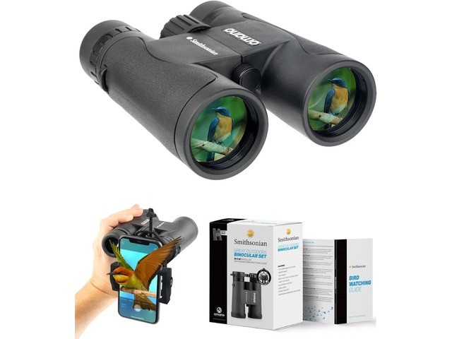 Smithsonian Adult Birding Binoculars - 10x42, Phone Adapter, Diopter Adjustable - Ideal for Hiking, Travel - Includes Bird Watching Guide