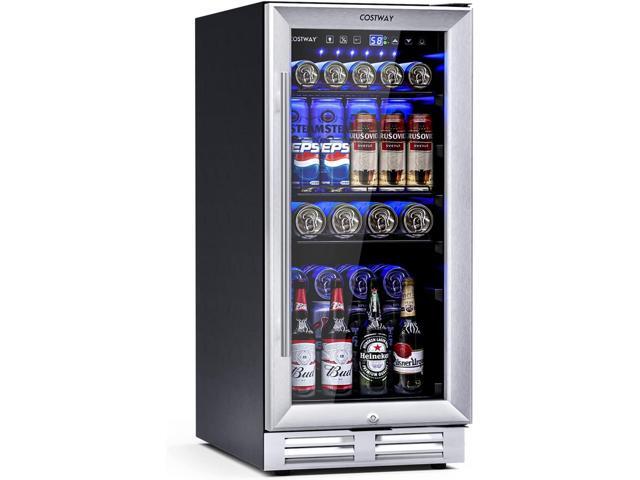 COSTWAY 15 Inch Beverage Cooler Refrigerator - 3.5 Cu.ft Mini Fridge with Glass Door, Lock and Removable Shelves for Soda Beer Wine, Freestanding.