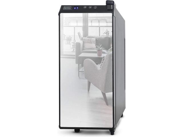BLACK+DECKER 12-Bottle Thermoelectric Wine Chiller, BD60336, Mirrored Door Thermoelectric Wine Cooler with Temperature Control, 12 Bottle Fridge.
