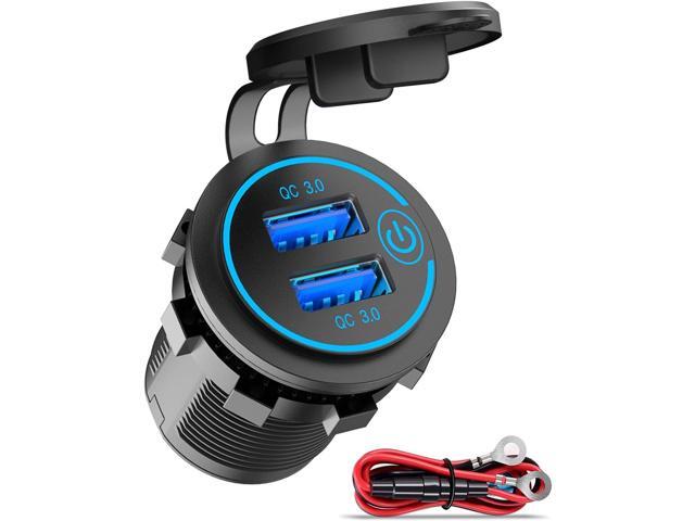 Qidoe 36W Dual QC3.0 USB Power Charger Socket, Waterproof 12V USB Outlet with Touch Switch Car USB Port for RV Motorcycle Boat Marine Truck Golf Cart