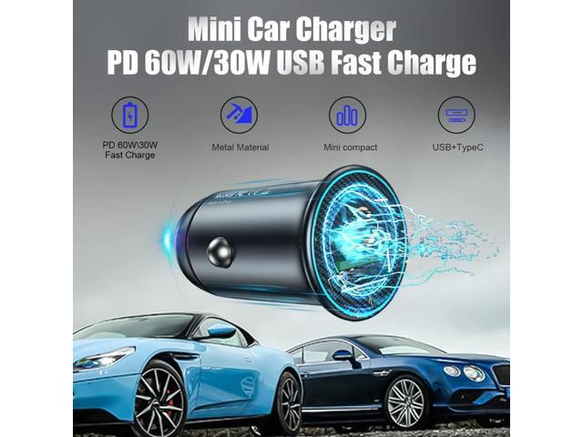 USB-C Car Charger Adapter, Dual Ports Fast Charging PD 60W + QC3.0 30W Mini All-Metal Cigarette Lighter USB Charger Universal for iPhone13/Pro...